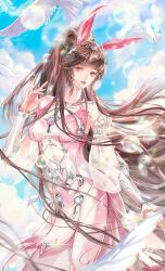 Rule 34 | 1girl, absurdres, animal ears, arm up, artist request, bird, blue sky, braid, brown eyes, brown hair, cloud, douluo dalu, dress, falling feathers, feathers, glint, hair ornament, highres, lens flare, long hair, parted lips, pink dress, ponytail, rabbit ears, second-party source, sky, solo, teeth, white bird, xiao wu (douluo dalu)