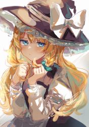 Rule 34 | 1girl, absurdres, ayatsuki sugure, black dress, black hat, blonde hair, blue eyes, blush, bow, braid, commentary request, dress, green bow, hair bow, hands up, hat, hat bow, highres, kirisame marisa, long hair, long sleeves, looking at viewer, pout, puffy sleeves, simple background, single braid, solo, touhou, twitter username, two-tone dress, upper body, white background, white bow, white dress, witch hat