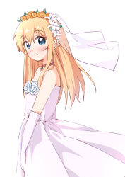 Rule 34 | 1girl, blonde hair, blue eyes, blush, breasts, bridal veil, bride, closed mouth, commentary, dress, elbow gloves, flower, gloves, hair flower, hair ornament, haru (konomi 150), highres, jewelry, lily (flower), long hair, looking at viewer, necklace, simple background, small breasts, smile, solo, toshinou kyouko, veil, wedding dress, white background, white gloves, yuru yuri