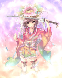 Rule 34 | 1girl, flower, frilled legwear, hair flower, hair ornament, highres, japanese clothes, kimono, original, peroshiti aniki, sengoku taisen, solo, sword, weapon