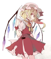 Rule 34 | 1girl, back bow, blonde hair, bow, commentary request, cowboy shot, crystal, flandre scarlet, from side, hand up, hat, long hair, mob cap, mozukuzu (manukedori), nail polish, pointy ears, puffy short sleeves, puffy sleeves, red eyes, red nails, red skirt, red vest, shirt, short sleeves, side ponytail, skirt, solo, touhou, vest, white background, white shirt, wings, wrist cuffs, yellow neckwear