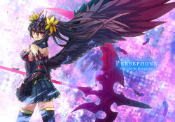 Rule 34 | 1girl, bare shoulders, black hair, black thighhighs, black wings, character name, copyright name, feathered wings, feathers, flower, gauntlets, hair flower, hair ornament, long hair, looking back, persephone (p&amp;d), purple eyes, puzzle &amp; dragons, skirt, solo, sud (sudea), thighhighs, twintails, weapon, wings, zettai ryouiki