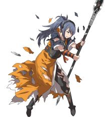 Rule 34 | 1girl, blue hair, boots, brown eyes, fire emblem, fire emblem fates, fire emblem heroes, full body, highres, injury, long hair, nintendo, oboro (fire emblem), official art, polearm, ponytail, ryona, solo, spear, teeth, torn clothes, transparent background, weapon