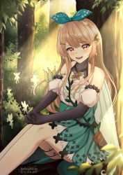 Rule 34 | 1girl, absurdres, aqua ribbon, artist name, black gloves, blonde hair, brown eyes, elbow gloves, fairy, fairy wings, flat chest, forest, gloves, green skirt, hair behind ear, hair ribbon, halterneck, highres, long hair, looking at viewer, nature, nijisanji, nijisanji en, open mouth, own hands together, pointy ears, pomu rainpuff, pomu rainpuff (1st costume), rayleigh scale, ribbon, sitting, skirt, smile, solo, virtual youtuber, wings