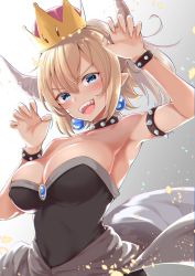 Rule 34 | 1girl, :d, armpits, black dress, blonde hair, blue eyes, blush, bowsette, bracelet, breasts, chromatic aberration, collar, crown, dress, earrings, fangs, hands up, highres, izure (pixiv16392012), jewelry, large breasts, mario (series), new super mario bros. u deluxe, nintendo, open mouth, pointy ears, ponytail, smile, solo, spiked bracelet, spiked collar, spikes, strapless, strapless dress, super crown