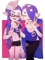 Rule 34 | 2girls, black pants, black shorts, blue eyes, blue hair, blue shawl, chest sarashi, collarbone, commentary request, covered navel, earrings, fangs, feet out of frame, hair over one eye, inkling, inkling girl, inkling player character, jewelry, long hair, mask, midriff, multiple girls, navel, nintendo, octoling, open mouth, pants, pink background, pointy ears, red eyes, saiano, sarashi, shawl, shiver (splatoon), short shorts, shorts, smile, splatoon (series), splatoon 3, standing, tentacle hair, torn clothes, torn pants, two-tone background, unworn mask, v, w, white background