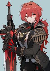 Rule 34 | 1girl, black gloves, blue background, breasts, closed mouth, collared shirt, commentary request, diluc (genshin impact), fur-trimmed jacket, fur trim, genderswap, genderswap (mtf), genshin impact, gloves, greatsword, hair between eyes, highres, holding, holding sword, holding weapon, jacket, large breasts, long hair, looking at viewer, necktie, null no, ponytail, red eyes, red hair, shirt, solo, sword, tassel, vision (genshin impact), weapon
