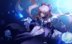 Rule 34 | 1girl, ankkoyom, bare shoulders, blue eyes, blunt bangs, bow, bowtie, fish, frilled sleeves, frills, genshin impact, gloves, highres, jellyfish, outstretched hand, pink hair, sangonomiya kokomi, shorts, solo, thighhighs, underwater, white gloves, wide sleeves