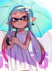 Rule 34 | 1girl, absurdres, artist name, blue eyes, blue hair, blue umbrella, blush, blush stickers, closed mouth, cowboy shot, dress, hair ornament, hairclip, highres, holding, holding umbrella, ika (yo), inkling, inkling girl, inkling player character, letter hair ornament, looking at viewer, multicolored hair, najucaju naju, nintendo, orange hair, original, pointy ears, purple hair, sleeveless, smile, splatoon (series), squid girl, standing, suction cups, tentacle hair, twintails, umbrella, white background, white dress