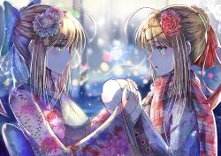 Rule 34 | 2girls, ahoge, artoria pendragon (fate), blonde hair, blue bow, blue flower, bow, eye contact, fate/stay night, fate (series), flower, gloves, green eyes, hair bow, hair flower, hair ornament, hair ribbon, hairclip, japanese clothes, kimono, long hair, looking at another, multiple girls, nicky w, obi, red flower, red ribbon, red scarf, ribbon, saber (fate), sash, scarf, snowflakes, tears, upper body, white gloves, yukata