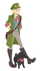 Rule 34 | 1girl, ace attorney, bag, blonde hair, blue eyes, boots, closed mouth, coat, dog, full body, gina lestrade, green hat, grey shirt, hands in pockets, hat, highres, knee boots, long sleeves, looking at viewer, pants, shirt, short hair, simple background, solo, standing, the great ace attorney, the great ace attorney 2: resolve, toby (ace attorney), vest, wawe, white background