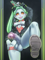 Rule 34 | 1futa, ass, blue skin, blush, bottomless, breasts, colored sclera, colored skin, cyberpunk (series), cyberpunk edgerunners, erection, fangs, forehead, futanari, green hair, gun, handgun, highres, holding, holding gun, holding weapon, jacket, large penis, leg up, looking at viewer, naked jacket, navel, nipples, penis, precum, rebecca (cyberpunk), red sclera, seraziel, small breasts, smile, solo, tattoo, teeth, testicles, tongue, tongue out, twintails, uncensored, variant set, weapon, yellow eyes