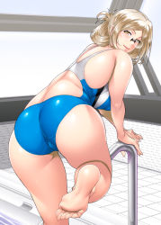 Rule 34 | 1girl, ass, ayato, barefoot, blonde hair, blue one-piece swimsuit, closed mouth, competition swimsuit, folded ponytail, glasses, highres, kantai collection, katori (kancolle), looking at viewer, one-piece swimsuit, pool, poolside, rei no pool, shiny skin, short hair, smile, solo, swimsuit, yellow eyes