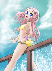 Rule 34 | 1girl, :d, artist request, ass, bench, bikini, bikini bottom pull, bikini pull, blue sky, character request, clothes pull, cloud, copyright request, day, hair ornament, hairclip, happy, highres, kneepits, looking at viewer, open mouth, original, pink hair, pridoge, pulling, purple wristband, sky, smile, swimsuit, teeth, upper teeth only, wristband, yellow bikini