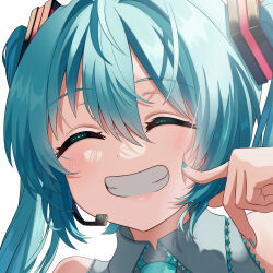 Rule 34 | 1girl, aqua hair, aqua nails, bare shoulders, cheek poking, clip studio paint (medium), closed eyes, collared shirt, double-parted bangs, grin, hair between eyes, hatsune miku, headset, highres, lace, lace-trimmed shirt, lace trim, long hair, poking, portrait, shirt, simple background, sleeveless, sleeveless shirt, smile, solo, tatyaoekaki, twintails, vocaloid, white background