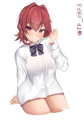 Rule 34 | 1girl, absurdres, alternate costume, breasts, highres, kantai collection, kinu (kancolle), long sleeves, medium breasts, no pants, one-hour drawing challenge, red eyes, red hair, shirt, short hair, sitting, solo, tf cafe, twitter username, white shirt
