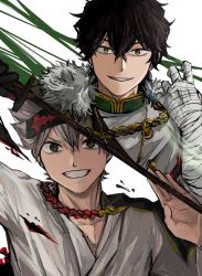 Rule 34 | absurdres, asta (black clover), bandaged arm, bandages, black clover, black hair, green eyes, grey hair, highres, holding, holding sword, holding weapon, katana, poonwip, smile, sword, weapon, yuno (black clover)