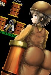 Rule 34 | 1girl, 2boys, ass, barrel, beard, black hair, brown hair, expressionless, facial hair, foreman spike, from behind, grin, hammer, hard hat, helmet, highres, looking at another, marihei64ds, mario, mario (series), multiple boys, mustache, nintendo, original, overalls, red eyes, smile, sunglasses, wrecking crew