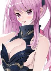 Rule 34 | 1girl, :p, armor, armored dress, azur lane, bare shoulders, black ribbon, blush, breasts, cleavage, collarbone, commentary, dress, hair between eyes, hair ribbon, la galissonniere (azur lane), large breasts, long hair, looking at viewer, ootani nonno, pink eyes, pink hair, ribbon, sidelocks, simple background, sleeveless, sleeveless dress, smile, solo, standing, tongue, tongue out, twintails, upper body, visor (armor), white background