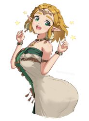 Rule 34 | 1girl, ass, bare shoulders, blonde hair, blush, breasts, dress, gonzarez, green eyes, hair ornament, hairclip, half updo, highres, huge ass, large breasts, looking at viewer, medium breasts, nintendo, open mouth, pointy ears, princess zelda, short hair, sideboob, smile, solo, the legend of zelda, the legend of zelda: tears of the kingdom, thick eyebrows