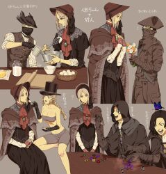 Rule 34 | 2girls, 4boys, :d, arizuka (catacombe), ascot, baking, bandeau, bare shoulders, black gloves, black hair, black headwear, bloodborne, bonnet, bottle, breasts, brown vest, bug, butter, butterfly, cleavage, cloak, collarbone, doll joints, egg, flower, food, gem, gloves, grey shorts, hat, highres, holding, holding flower, hunter (bloodborne), insect, joints, large breasts, long hair, long sleeves, mask, milk, mouth mask, multiple boys, multiple girls, navel, open mouth, plain doll, red ascot, short hair, shorts, smile, stomach, table, teeth, top hat, translation request, upper teeth only, vest, whisk, white flower