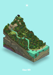 Rule 34 | absurdres, aqua background, beach, cave, commentary request, creature, day, diorama, forest, gozz, highres, hill, isometric, nature, original, river, shore, sun, tree