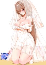 Rule 34 | 1girl, absurdres, alternate costume, azur lane, bare shoulders, blue flower, blush, breasts, bridal veil, brown hair, cleavage, dress, elbow gloves, flower, full body, gloves, high heels, highres, large breasts, long hair, looking at viewer, off-shoulder dress, off shoulder, p.i.t.d, pink flower, red eyes, rose, see-through, simple background, solo, swiftsure (azur lane), veil, very long hair, wedding dress, white background, white footwear, white gloves