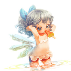 Rule 34 | 1girl, aged down, armpits, backlighting, bare arms, brown eyes, child, cirno, colored pencil (medium), food, grey hair, hair bobbles, hair ornament, hands in hair, ice, ice wings, mouth hold, one-piece swimsuit, popsicle, solo, souri, swimsuit, touhou, traditional media, water, watermelon bar, white one-piece swimsuit, wings