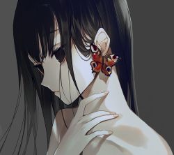 Rule 34 | 1girl, bad id, bad twitter id, black eyes, black hair, bug, butterfly, closed mouth, collarbone, empty eyes, fingernails, grey background, hair behind ear, hand up, head tilt, insect, long hair, nude, original, portrait, simple background, solo, tlla