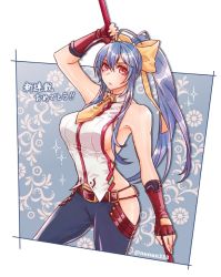 Rule 34 | 1girl, antenna hair, backless outfit, bare shoulders, belt, belt buckle, blazblue, blazblue: central fiction, blazblue variable heart, blue hair, bow, breasts, buckle, female focus, fingerless gloves, frown, genderswap, genderswap (mtf), gloves, hair between eyes, hair bow, large breasts, long hair, looking at viewer, mai natsume, no bra, no panties, nunun, pants, polearm, ponytail, red eyes, ribbon, sideboob, sleeveless, solo, spear, translation request, very long hair, weapon