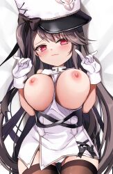 Rule 34 | 1girl, :3, azur lane, bare shoulders, between breasts, black ribbon, blush, breasts, breasts out, breasts squeezed together, brown hair, clothes between breasts, clothing aside, curly hair, dress, dress aside, gloves, hair over one eye, hair ribbon, hands up, hat, highres, hip focus, large breasts, long hair, looking at viewer, nipples, no bra, pamiat merkuria (azur lane), panties, pink eyes, pointing, pointing at self, red eyes, ribbon, short dress, side ponytail, solo, tatara maguro, thighs, underwear, upskirt, very long hair, w arms, white dress, white gloves, white panties