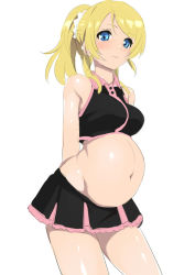 Rule 34 | 1girl, arms behind back, ayase eli, blonde hair, blue eyes, blush, breasts, cheerleader, groin, large breasts, love live!, love live! school idol project, midriff, navel, ponytail, pregnant, shin&#039;ya (shin&#039;yanchi), simple background, skirt, smile, solo, white background