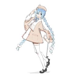 Rule 34 | 1girl, :d, agonasubi, beret, blue bow, blue bowtie, blue eyes, blue hair, bow, bowtie, braid, brown dress, brown hat, brown shorts, dress, from side, full body, hair ornament, hand up, hat, hatsune miku, holding, long hair, long sleeves, looking at viewer, mary janes, open mouth, picket, pom pom (clothes), pom pom hair ornament, puffy long sleeves, puffy sleeves, salute, shoes, shorts, sketch, smile, solo, standing, striped bow, striped bowtie, striped clothes, thighhighs, twin braids, twintails, very long hair, vocaloid, white background, white thighhighs, yuki miku, yuki miku (2020) (applicant)