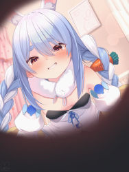 Rule 34 | 1girl, animal ear fluff, animal ears, blue hair, blush, braid, curtains, detached sleeves, don-chan (usada pekora), dress, extra ears, grin, hair between eyes, highres, hololive, indoors, looking at viewer, magowasabi, multicolored hair, puffy short sleeves, puffy sleeves, rabbit-shaped pupils, rabbit ears, short sleeves, signature, smile, solo, symbol-shaped pupils, thick eyebrows, twin braids, twintails, twitter username, two-tone hair, usada pekora, usada pekora (1st costume), virtual youtuber, white dress, white hair