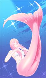 Rule 34 | 1girl, absurdres, bikini, bikini top only, breasts, commentary request, fins, full body, heart, heart hands, highres, kiria021, large breasts, long hair, looking at viewer, mermaid, monster girl, one eye closed, original, pink eyes, pink hair, smile, solo, sparkle, swimsuit, underwater, white bikini