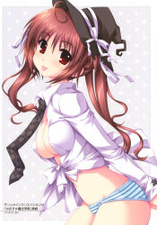 Rule 34 | 1girl, :p, absurdres, alpha (yukai na nakamatachi), breasts, brown hair, cleavage, hat, hat ribbon, highres, long hair, looking at viewer, necktie, no bra, no pants, open clothes, open shirt, original, panties, plaid, plaid necktie, plaid neckwear, red eyes, ribbon, scan, shirt, solo, striped clothes, striped panties, tongue, tongue out, underwear