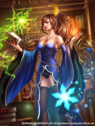 Rule 34 | 1girl, astrolabe, bare shoulders, blue eyes, book, book stack, bookshelf, braid, breasts, brown hair, brown thighhighs, cleavage, company name, crescent, crescent hair ornament, dated, detached sleeves, earrings, final fantasy, final fantasy brave exvius, garter straps, hair ornament, holding, holding book, indoors, jewelry, long hair, magic, muxia yue nai, necklace, official art, solo, standing, thighhighs, very long hair, watermark, wide sleeves