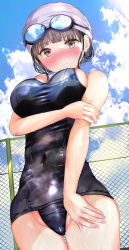 Rule 34 | 1girl, absurdres, arm at side, arms under breasts, black hair, blue sky, blunt bangs, blush, breasts, brown eyes, chain-link fence, closed mouth, cloud, commentary request, covered navel, day, fence, goggles, goggles on head, highres, large breasts, looking at viewer, ogata tei, old school swimsuit, original, outdoors, school swimsuit, sky, solo, standing, swim cap, swimsuit, wet