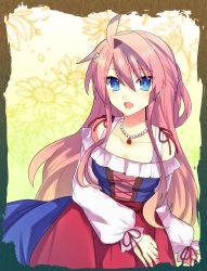 Rule 34 | 1girl, :d, ahoge, artina (disgaea), blue eyes, cowboy shot, disgaea, dress, floral background, hair intakes, jewelry, lololotton, long hair, looking at viewer, makai senki disgaea 4, necklace, open mouth, pink hair, smile, solo, yellow background