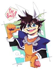 Rule 34 | 1boy, black hair, cloud, fangs, gloves, happy, highres, houshin engi, looking at viewer, open mouth, short hair, smile, taikoubou