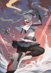 Rule 34 | 10s, 1girl, aircraft, airplane, ass, back, black gloves, black pantyhose, blonde hair, blue hair, breasts, capelet, cross, female focus, floating hair, gloves, graf zeppelin (kancolle), grey skirt, hat, highres, holding, holding weapon, kantai collection, large breasts, long hair, long sleeves, looking at viewer, looking back, machinery, military, military uniform, miniskirt, necktie, ocean, outdoors, pantyhose, peaked cap, pleated skirt, shoes, skirt, sky, smoke, solo, standing, standing on one leg, tugo, twintails, uniform, waves, weapon