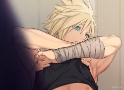 Rule 34 | 1boy, aqua eyes, armpits, bandaged arm, bandages, bare shoulders, black shirt, blonde hair, closed mouth, clothes lift, cloud strife, final fantasy, final fantasy vii, final fantasy vii rebirth, final fantasy vii remake, hair between eyes, kiki lala, looking to the side, male focus, shirt, shirt lift, short hair, sleeveless, sleeveless turtleneck, solo, spiked hair, turtleneck, twitter username, upper body
