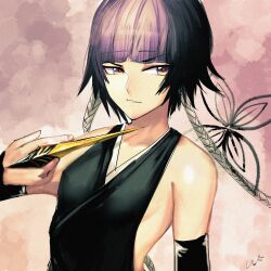 Rule 34 | 1girl, bare shoulders, black hair, black kimono, black sleeves, bleach, blunt bangs, breasts, claw ring, collarbone, detached sleeves, highres, japanese clothes, kimono, long hair, looking to the side, parted lips, purple eyes, sideless outfit, simple background, sketch, sleeves past wrists, small breasts, solo, sui-feng, suzumebachi (shikai), twintails, unf (unotfound 404)
