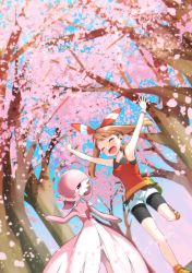 Rule 34 | 2girls, absurdres, alternate color, armpits, arms up, bad id, bad pixiv id, bag, bare shoulders, bike shorts, bike shorts under shorts, blue sky, blush, breasts, brown hair, cherry blossoms, closed eyes, creatures (company), day, dutch angle, female focus, from below, game freak, gardevoir, gen 3 pokemon, hair over one eye, hairband, hand up, happy, highres, leg lift, looking to the side, matching hair/eyes, may (pokemon), multiple girls, nintendo, open mouth, outdoors, outstretched arms, petals, pink eyes, pink hair, pokemon, pokemon (creature), pokemon oras, red shirt, running, shirt, shoes, short hair, short shorts, shorts, sky, sleeveless, sleeveless shirt, small breasts, smile, standing, standing on one leg, tree, white shorts, yellow footwear, yuihico