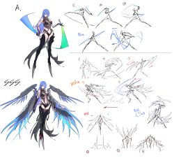 Rule 34 | 1girl, absurdres, bare shoulders, blue hair, blue wings, breasts, claws, detached sleeves, energy sword, highleg, highres, holding, holding sword, holding weapon, large breasts, long hair, mecha musume, multiple wings, navel, original, punishing: gray raven, see-through, simple background, sketch, skindentation, solo, sword, tattoo, tsuki no i-min, weapon, wings