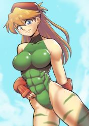 Rule 34 | 1girl, abs, bare legs, blue eyes, blush, breasts, brown hair, cammy white, cammy white (cosplay), capcom, cosplay, curvy, embarrassed, gez1313, green leotard, hair between eyes, hat, highleg, highleg leotard, legs, leotard, long hair, medium breasts, muscular, muscular female, neon genesis evangelion, solo, souryuu asuka langley, street fighter, street fighter ii (series), thighs, wide hips