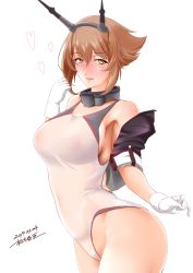 Rule 34 | 1girl, 2019, adapted costume, artist name, black capelet, blush, breasts, brown hair, capelet, collar, collarbone, competition swimsuit, covered navel, dated, flipped hair, gloves, green eyes, headgear, heart, highres, kantai collection, kiriki haruomi, large breasts, licking lips, lips, looking at viewer, metal collar, mutsu (kancolle), mutsu kai ni (kancolle), nipples, nose blush, one-piece swimsuit, parted lips, seductive smile, see-through, short hair, sideboob, simple background, smile, solo, swimsuit, tongue, tongue out, upper body, white background, white gloves, white one-piece swimsuit
