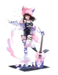 Rule 34 | 1girl, absurdres, black dress, black hair, boots, breasts, brown dust 2, brown eyes, cleavage cutout, clothing cutout, collar, confetti, cross-laced clothes, cross-laced dress, dress, ear piercing, electric guitar, fake tail, full body, fur boots, fur hat, guitar, hair between eyes, hair ornament, hairclip, hat, highres, holding, holding guitar, holding instrument, instrument, jacket, knees together feet apart, large breasts, medium hair, multiple piercings, outstretched arms, pelvic curtain, piercing, reflective floor, remu 99962952, scheherazade (brown dust), smile, solo, spiked collar, spikes, spread arms, standing, standing on one leg, tail, thigh strap, upper body, white jacket