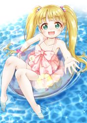 Rule 34 | 1girl, :d, bare arms, bare shoulders, barefoot, blonde hair, blush, collarbone, commentary request, full body, glint, green eyes, highres, idolmaster, idolmaster cinderella girls, idolmaster cinderella girls starlight stage, innertube, long hair, looking at viewer, mary cochran, one-piece swimsuit, open mouth, pink one-piece swimsuit, regular mow, smile, solo, swim ring, swimsuit, transparent, twintails, very long hair, water