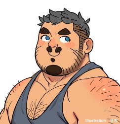 Rule 34 | 1boy, arm hair, bara, bare shoulders, beard, blue tank top, chest hair, facial hair, gangdong, goatee, grey hair, highres, large pectorals, looking to the side, male focus, mature male, muscular, muscular male, mustache, no pupils, original, pectoral cleavage, pectorals, short hair, solo, tank top, thick eyebrows, undercut, upper body, uwu
